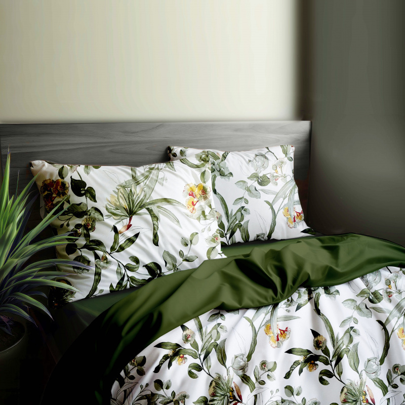 Ervi Sada Bavlněného DUO povlečení s Prostěradlem - kvetoucí eukalyptus zelený/olivové