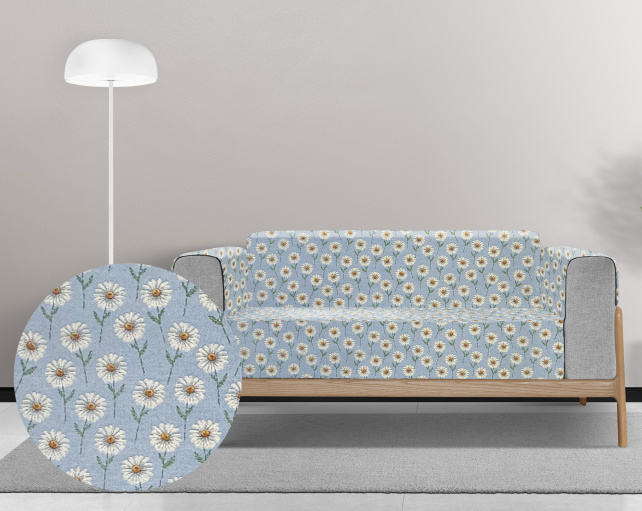 Ervi Gobelínový  přehoz na sedačku/postel - Romantické kopretiny na modrém