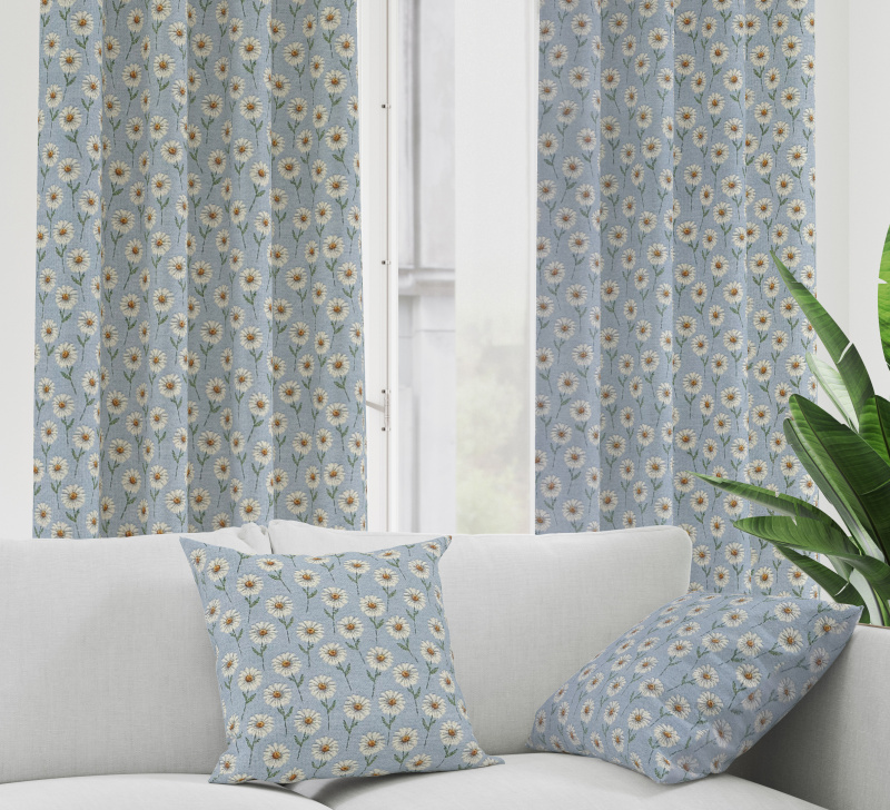 Ervi Gobelínový zatemňovací termo závěs - Romantické kopretiny na modrém