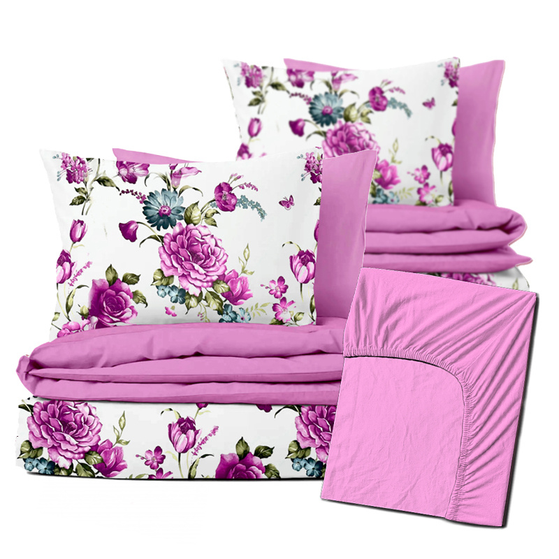 #Ervi Zvýhodněná Sada Bavlněného DUO povlečení s Prostěradlem  - Fialové květy/růžové 140x200 cm + 70x90 cm + 180x200 сm