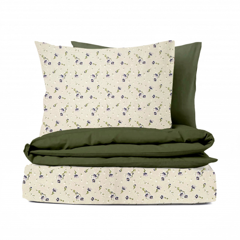 Ervi Bavlněné povlečení oboustranné - Fialová jemná louka/olivové