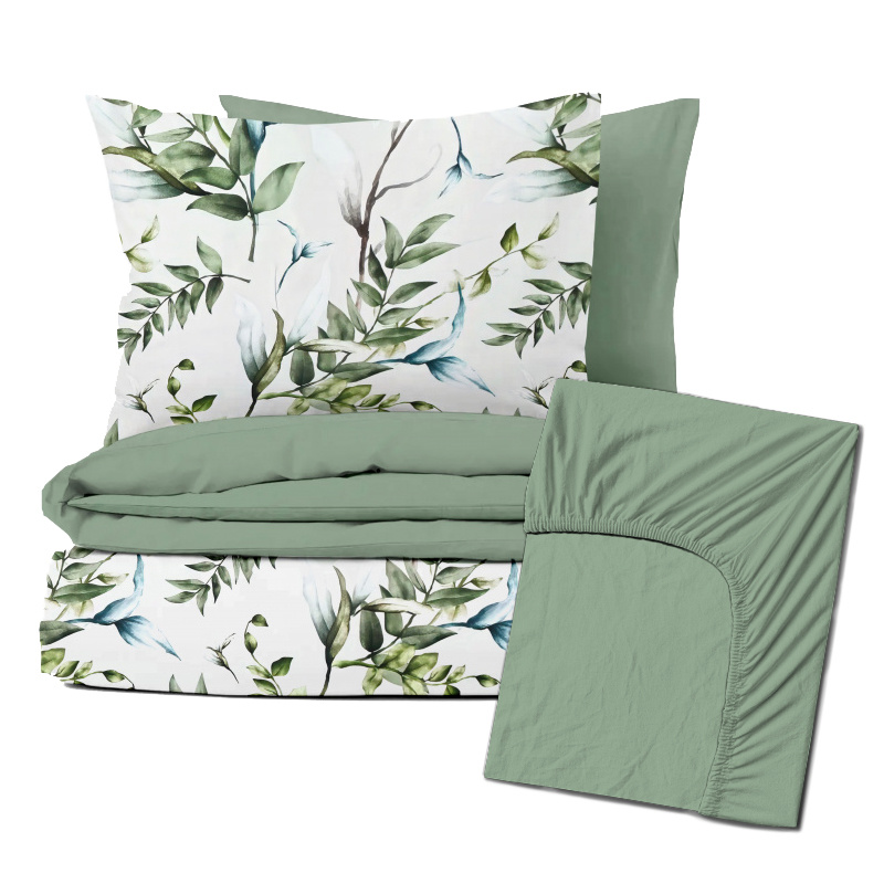 Ervi Zvýhodněná Sada Bavlněného Saténového DUO povlečení s Prostěradlem - Přírodní dotek/light mint