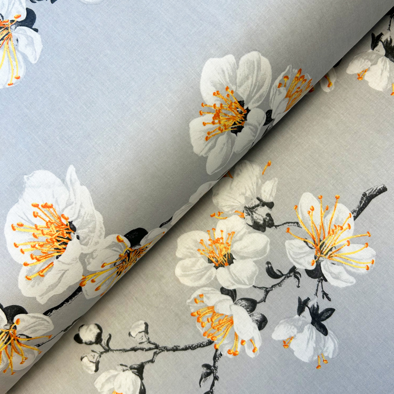 Ervi Bavlněná látka/plátno š.240cm - květ jabloně na šedém  - 25731-15, metráž