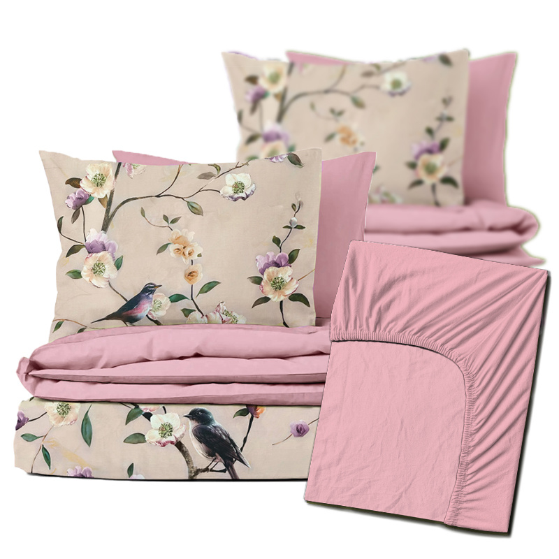 Ervi Zvýhodněná Sada Bavlněného Saténového DUO povlečení s Prostěradlem - Ptáček/růžové