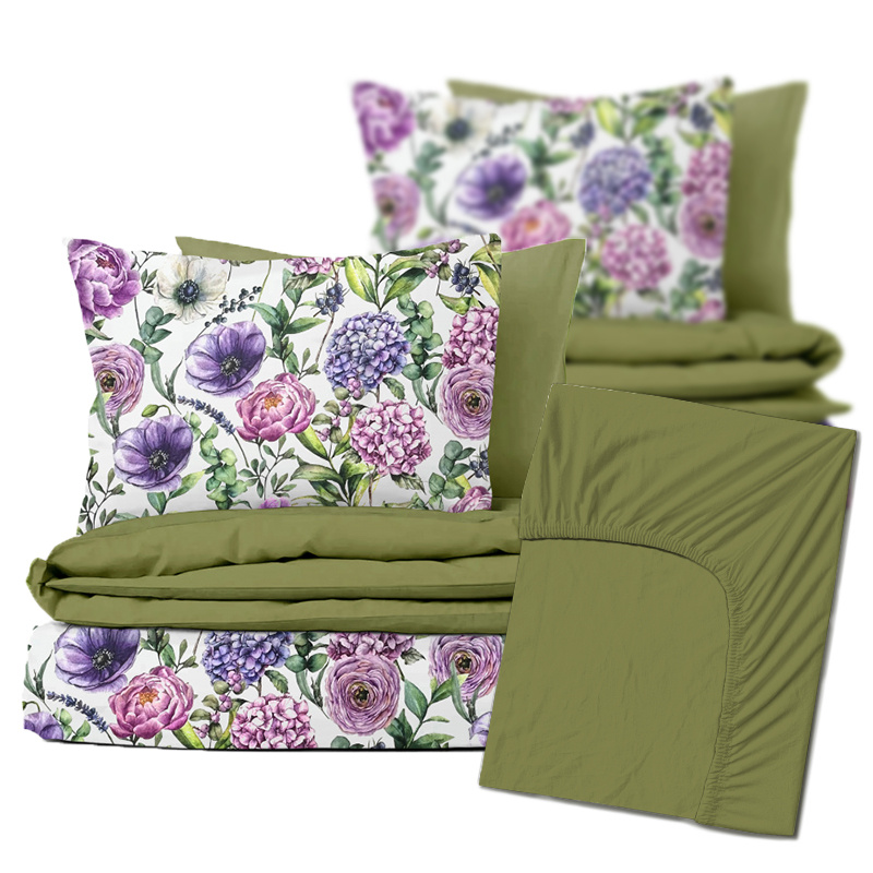 Ervi Zvýhodněná Sada Bavlněného Saténového DUO povlečení s Prostěradlem - Fialová zahrada/olivové