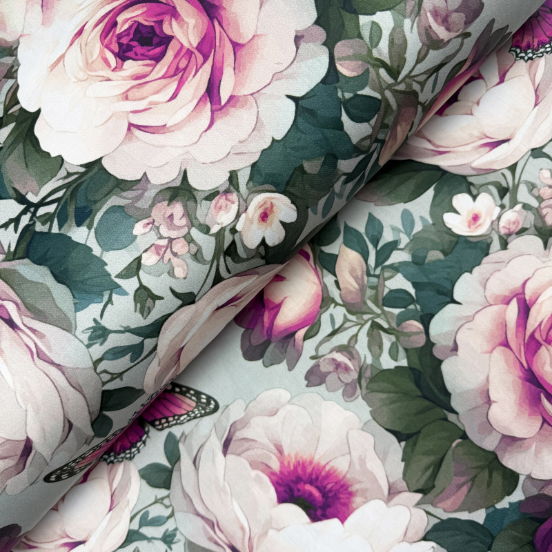 Ervi Bavlněná Satenová látka/plátno š.240cm Snové růže, metráž