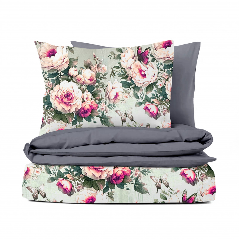 Ervi Bavlněné Saténové povlečení DELUXE DUO - Snové růže/šedé