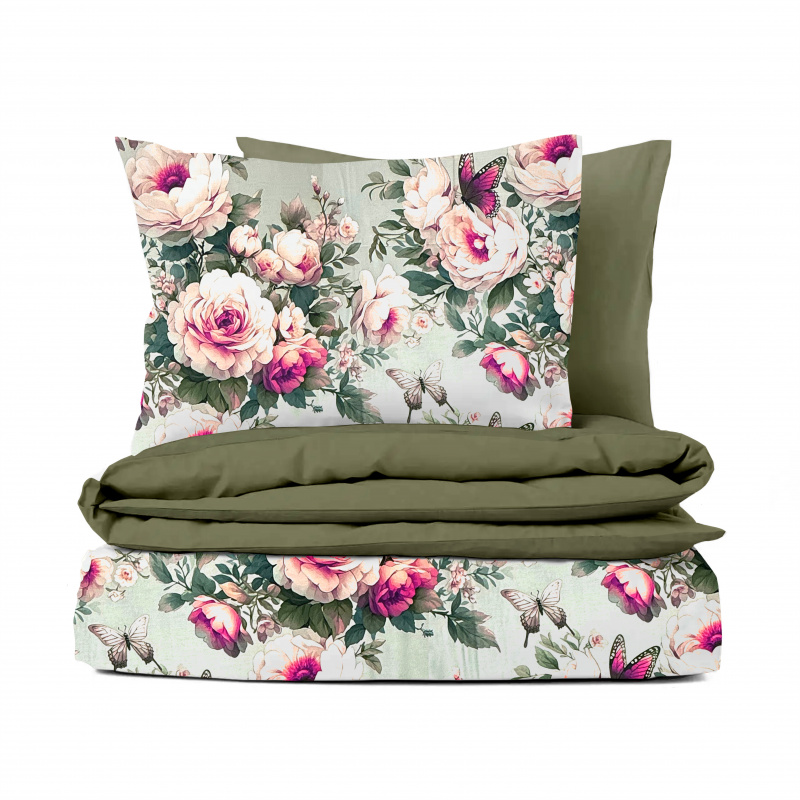 Ervi Bavlněné Saténové povlečení DELUXE DUO - Snové růže/olivové