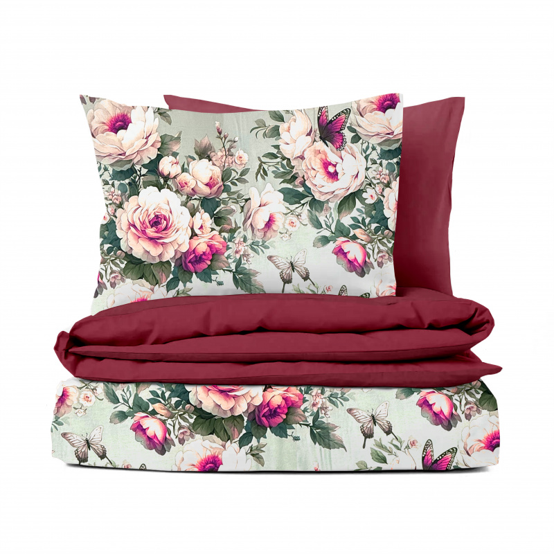 Ervi Bavlněné Saténové povlečení DELUXE DUO - Snové růže/bordo