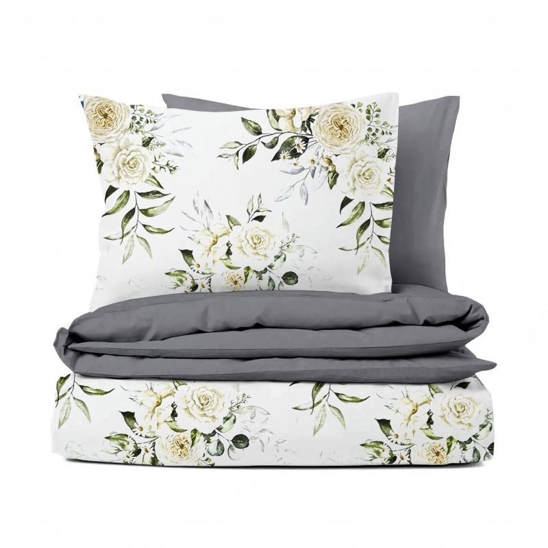 Ervi Bavlněné Saténové povlečení DELUXE DUO - Krémové růže/šedé