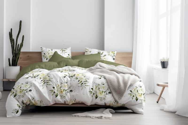 Ervi Bavlněné Saténové povlečení DELUXE DUO - Krémové růže/olivové