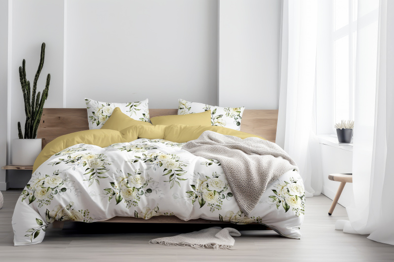 Ervi Bavlněné Saténové povlečení DELUXE DUO - Krémové růže/zlaté