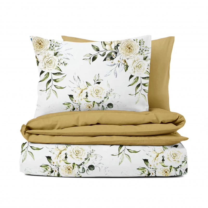 Ervi Bavlněné Saténové povlečení DELUXE DUO - Krémové růže/zlaté