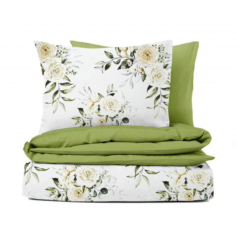 Ervi Bavlněné Saténové povlečení DELUXE DUO - Krémové růže/zelené