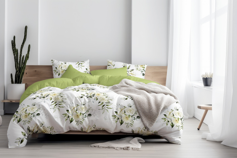 Ervi Bavlněné Saténové povlečení DELUXE DUO - Krémové růže/zelené