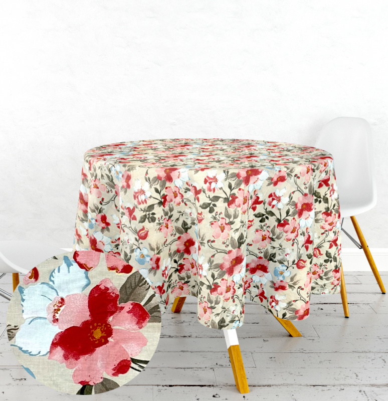 Ervi bavlněný ubrus na stůl kulatý - květiny na béžovém