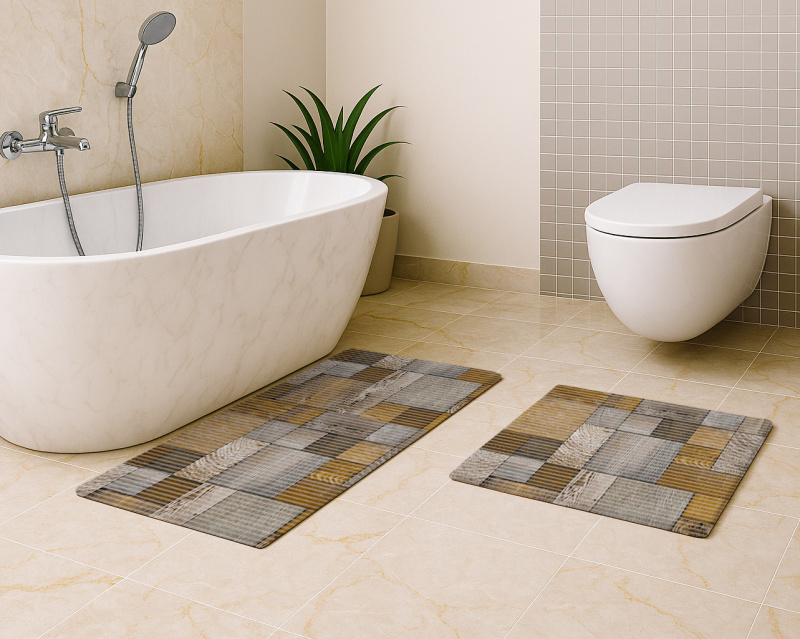 Sada koupelnových pěnových předložek D-112A - Dřevěná mozaika (různé velikosti)