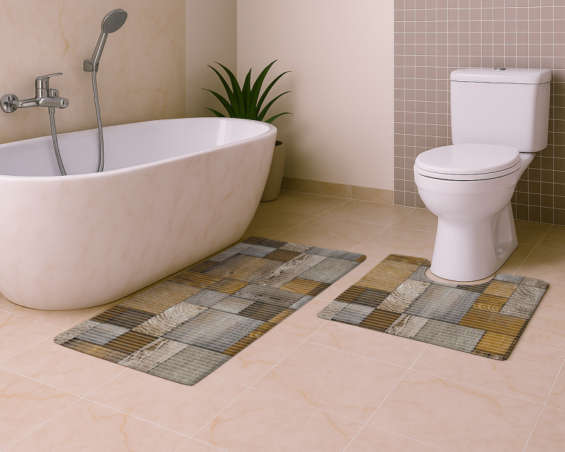 Sada koupelnových pěnových předložek s výkrojem u WC D-112A - Dřevěná mozaika (různé velikosti)