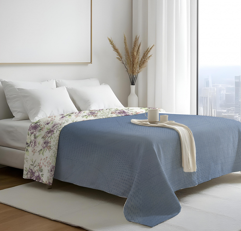 Přehoz oboustranný Colore - Modrý /  Fialové kvety