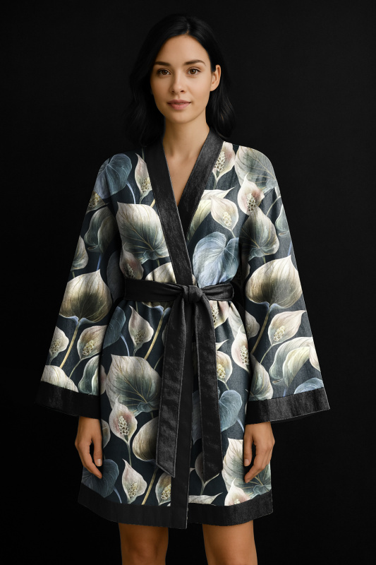 Ervi Luxusní bavlněný saténový župan DELUXE – Neroli Dream /černý