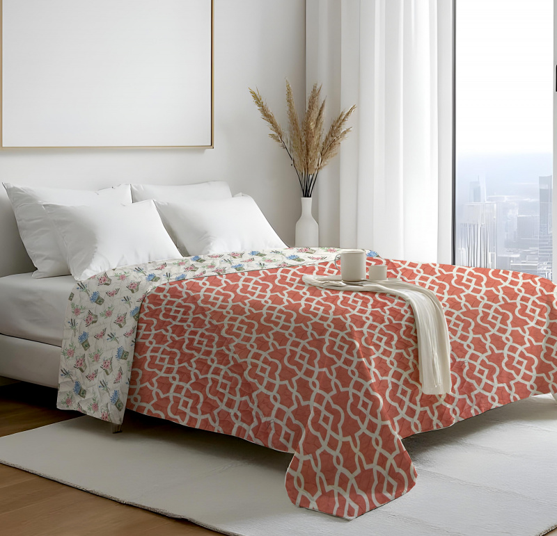Přehoz oboustranný Colore - Korálová arabeska / Provance, 200x220
