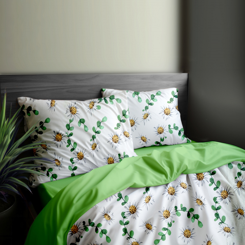 Ervi Bavlněné povlečení oboustranné - Heřmánková harmonie/zelené