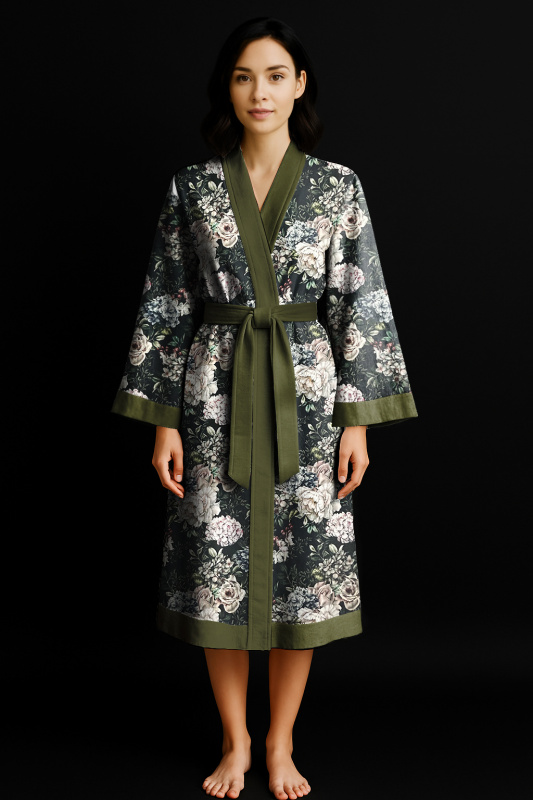 Ervi Luxusní bavlněný saténový dlouhý župan DELUXE – Květinový sen / olivový