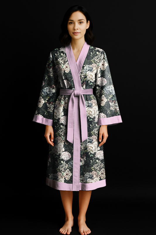 Ervi Luxusní bavlněný saténový dlouhý župan DELUXE – Květinový sen / růžový