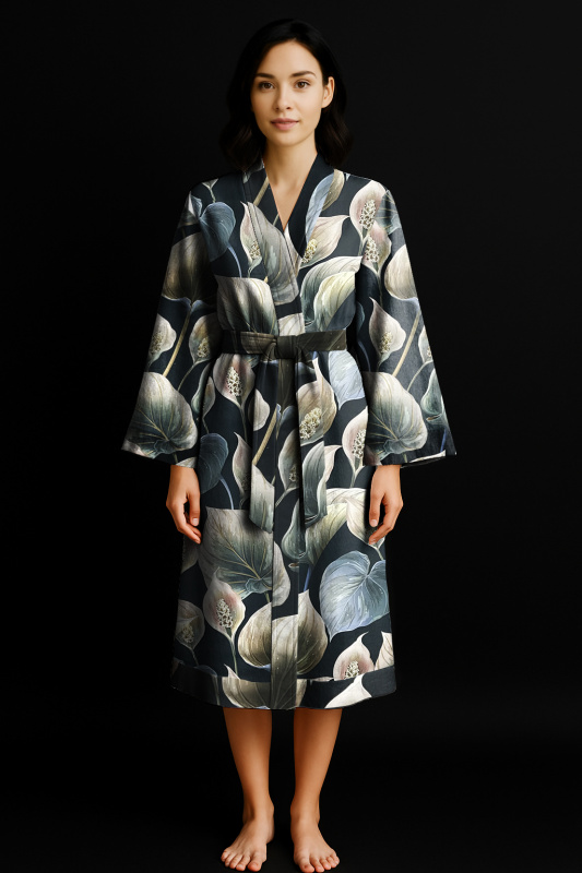 Ervi Luxusní bavlněný saténový dlouhý župan DELUXE – Neroli Dream