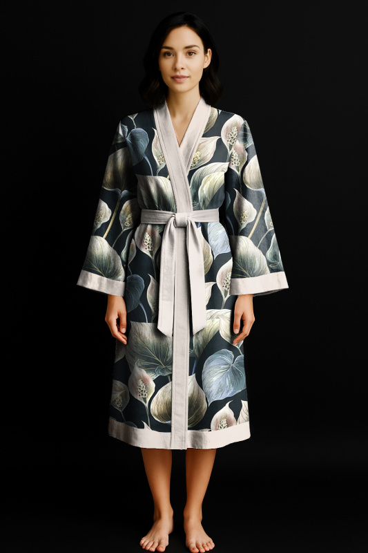 Ervi Luxusní bavlněný saténový dlouhý župan DELUXE – Neroli Dream /béžový