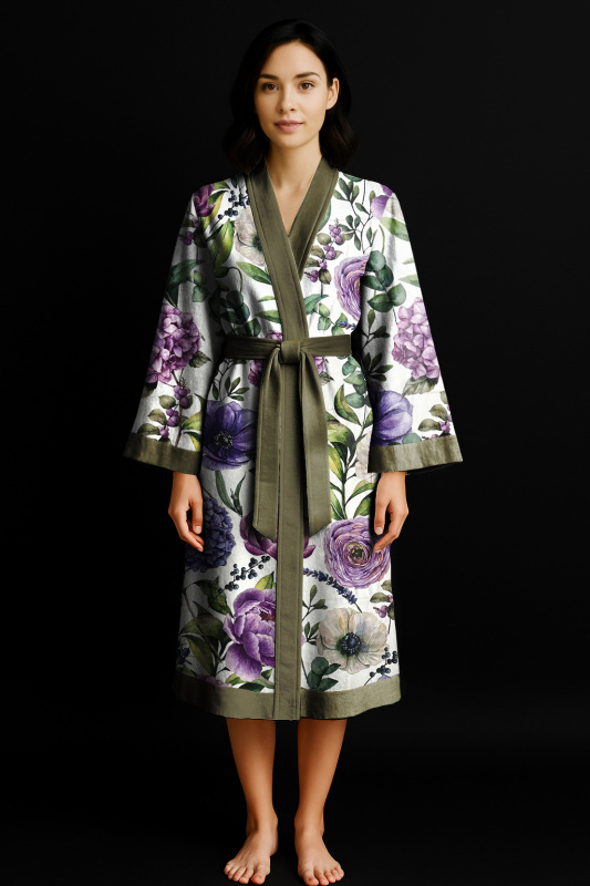 Ervi Luxusní bavlněný saténový dlouhý župan DELUXE – Fialová zahrada / olivový