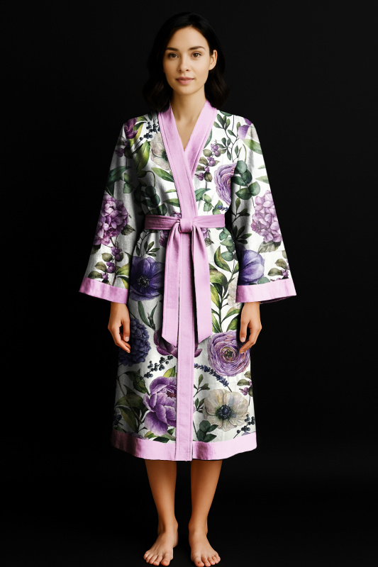 Ervi Luxusní bavlněný saténový dlouhý župan DELUXE – Fialová zahrada /růžový