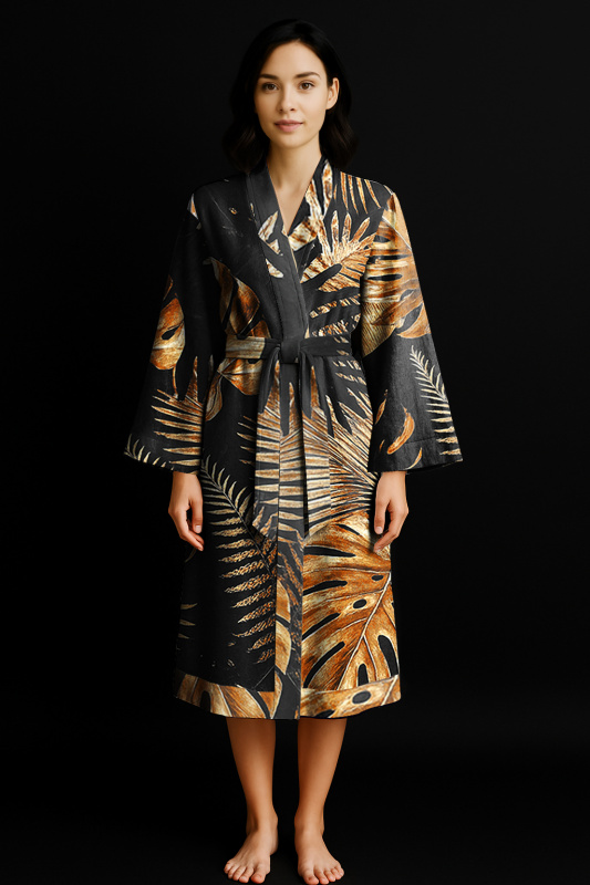 Ervi Luxusní bavlněný saténový dlouhý župan DELUXE – Monstera na černém