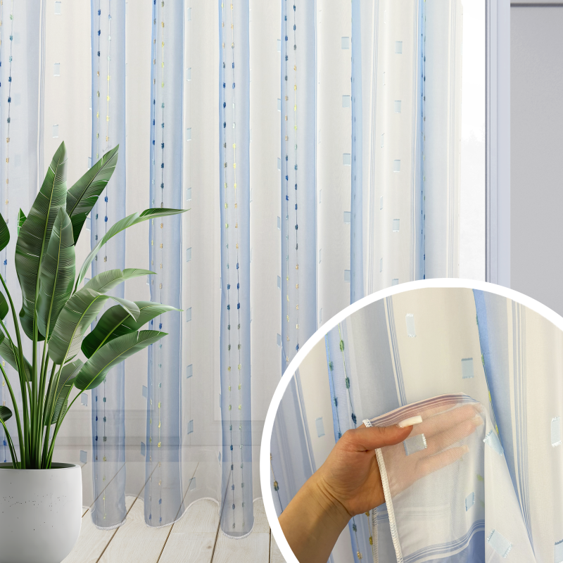 Ervi voálová látka /záclona s olůvkem 960-06 modrá kostka, metráž