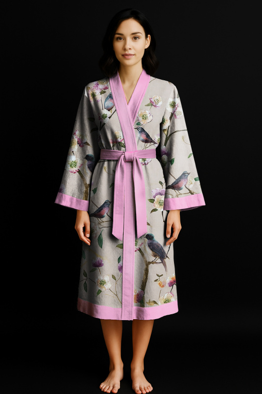 Ervi Luxusní bavlněný saténový dlouhý župan DELUXE – Ptáček /růžový