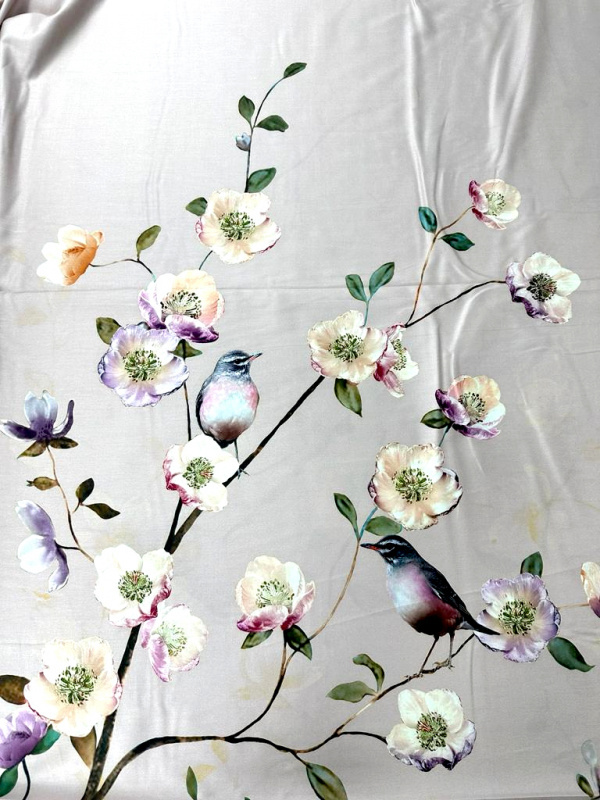 Ervi Luxusní bavlněný saténový dlouhý župan DELUXE – Ptáček /růžový