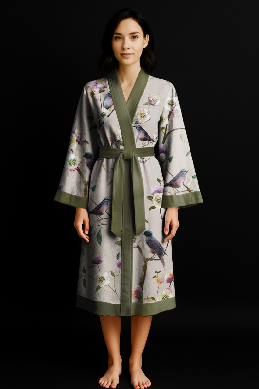 Ervi Luxusní bavlněný saténový dlouhý župan DELUXE – Ptáček / olivový