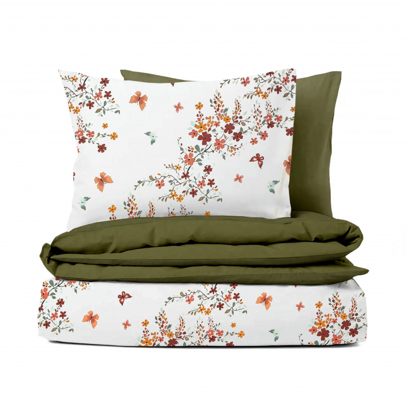 Ervi Bavlněné povlečení oboustranné - Podzimní kvítí/olivové