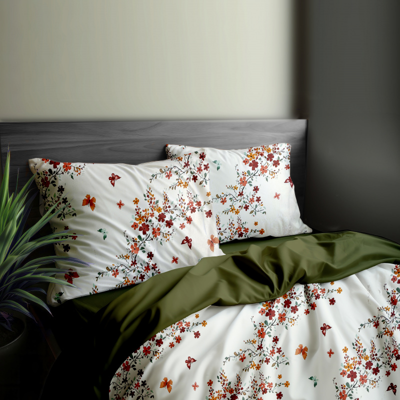 Ervi Bavlněné povlečení oboustranné - Podzimní kvítí/olivové