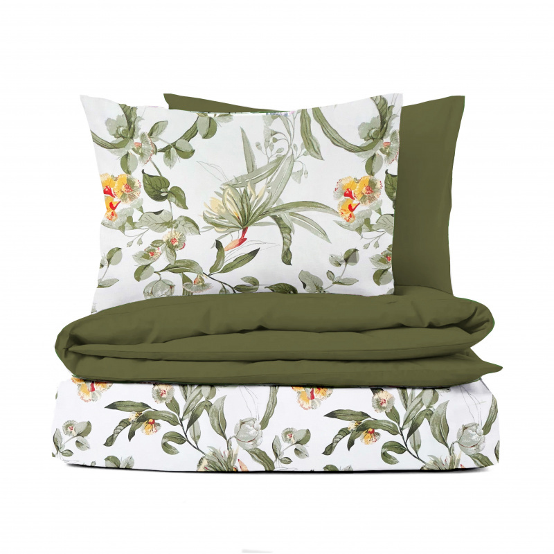 #Ervi bavlněné povlečení oboustranné - kvetoucí eukalyptus zelený/olivové 200x220cm +2ks x 70x90cm