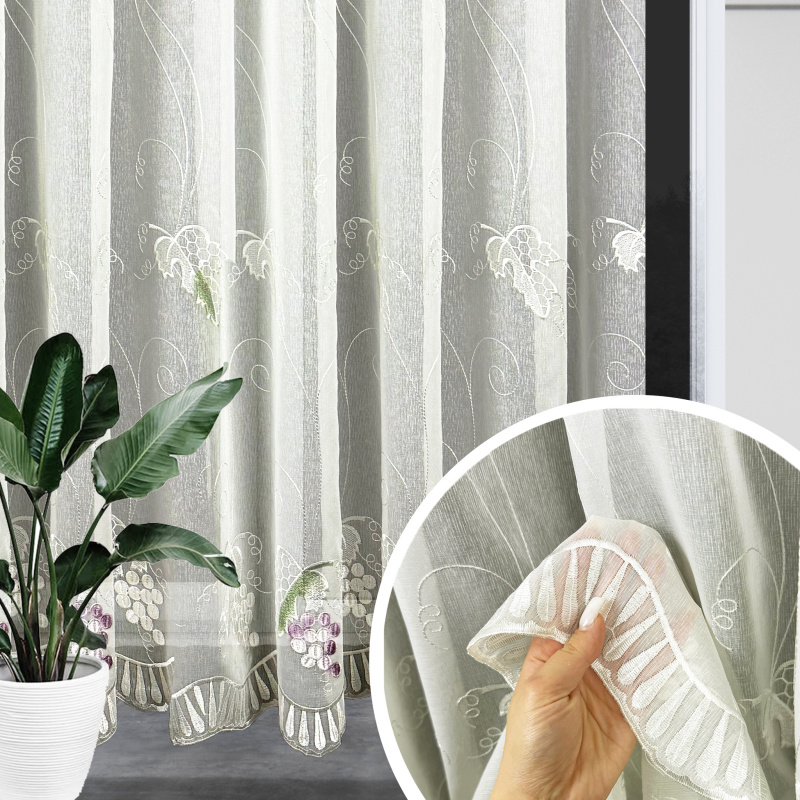 Ervi voálová záclona smetanová  s výšivkou 5049 - Hroznové víno