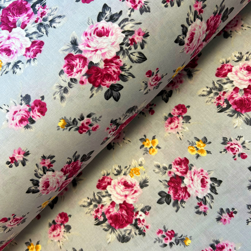 Ervi Bavlněná látka/plátno š.240cm - růžičky na modrošedém č.25149-7