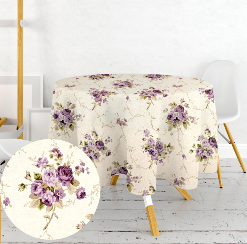 Ervi bavlněný ubrus na stůl kulatý - fialové růže