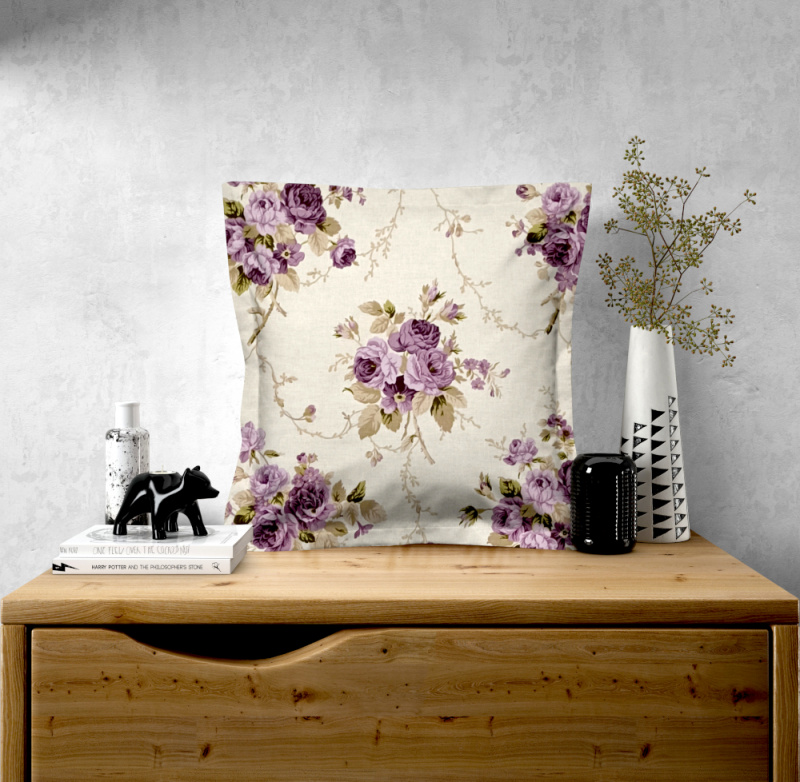 Ervi povlak na polštář bavlněný s lemem - fialové růže