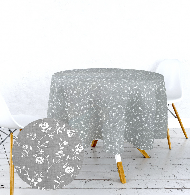 Ervi bavlněný ubrus na stůl kulatý - květiny na šedém
