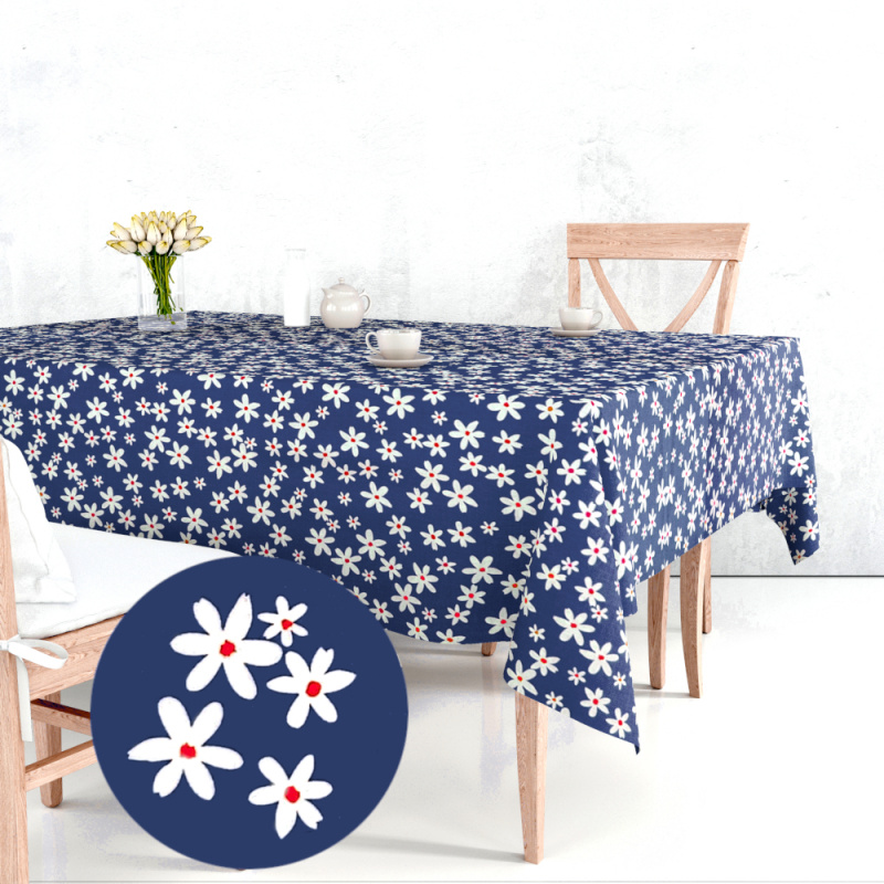 Ervi bavlněný ubrus na stůl obdélníkový - květinky na modrém