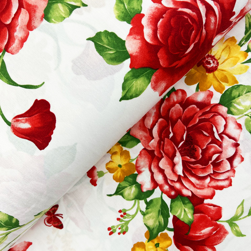 Ervi Bavlněná látka/plátno š.240cm - Červené a žluté květy č.26560-5, metráž