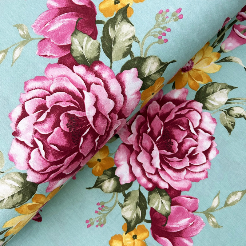 Ervi Bavlněná látka/plátno š.240cm - Květy na tyrkysovém č.26560-12, metráž