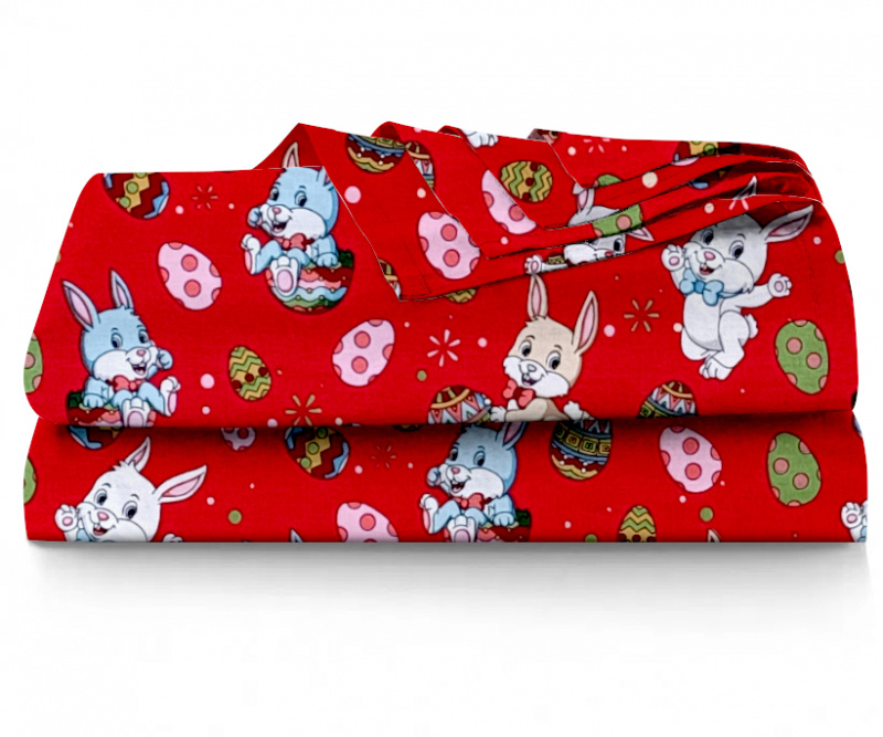 Ervi bavlněné prostěradlo - Velikonoční zajíčci-červené