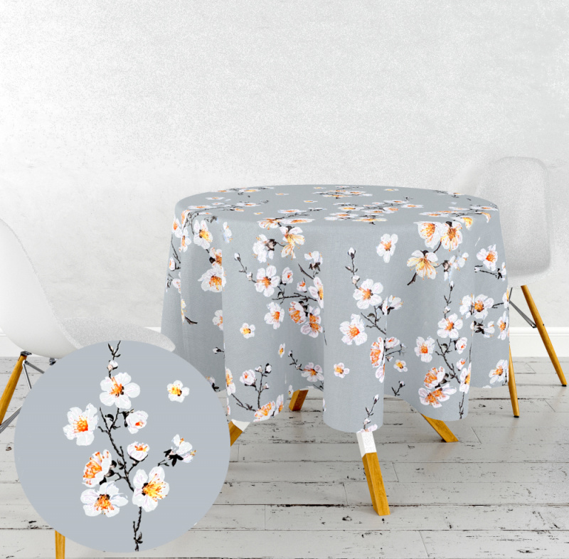 Ervi bavlněný ubrus na stůl kulatý - květ jabloně na šedém